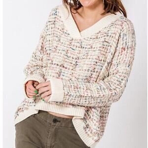 FAVLUX V-Neck Cream Chunky Knit Oversized Metallic Ribbon Sweater